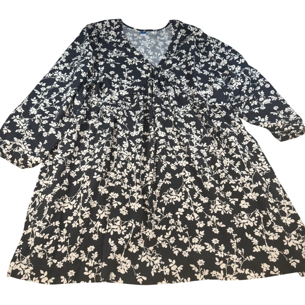 Old Navy Women XXL Black White‎ Floral V-Neck Long Sleeve Swing Dress NWT 419490